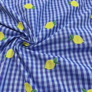 C24/GG - Embroidered Lemon Blue Gingham Organic Cotton Blend